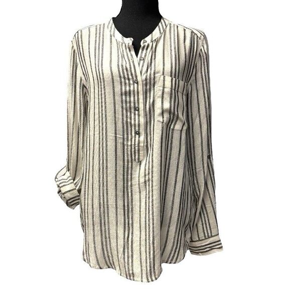 Lucky Brand Black & Oatmeal Striped Tunic Top Roll Tab Long Sleeves Women’s M - Picture 1 of 8